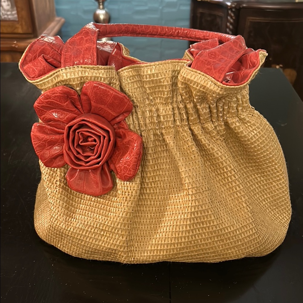Red and Gold Women's Bag with Floral Accent